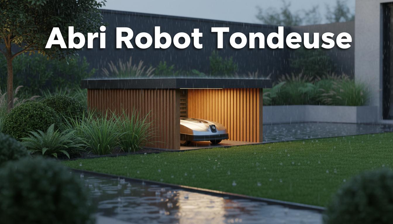 Robot tondeuse moderne au centre d'un visuel divisé entre un soleil intense et une pluie battante pour illustrer les intempéries.