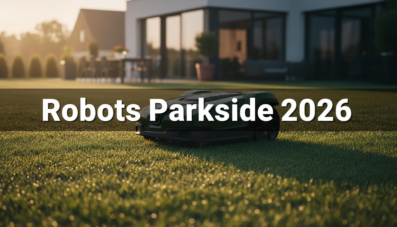 Robot tondeuse Parkside PAMRS 1000 A1 vert foncé naviguant sur une pelouse en pente avec l'application connectée sur smartphone au premier plan.
