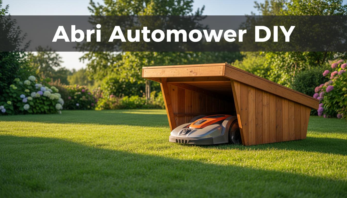 Robot tondeuse Husqvarna Automower à moitié stationné dans un abri en bois autoclave sur une pelouse verte avec le texte superposé Abri Automower DIY.