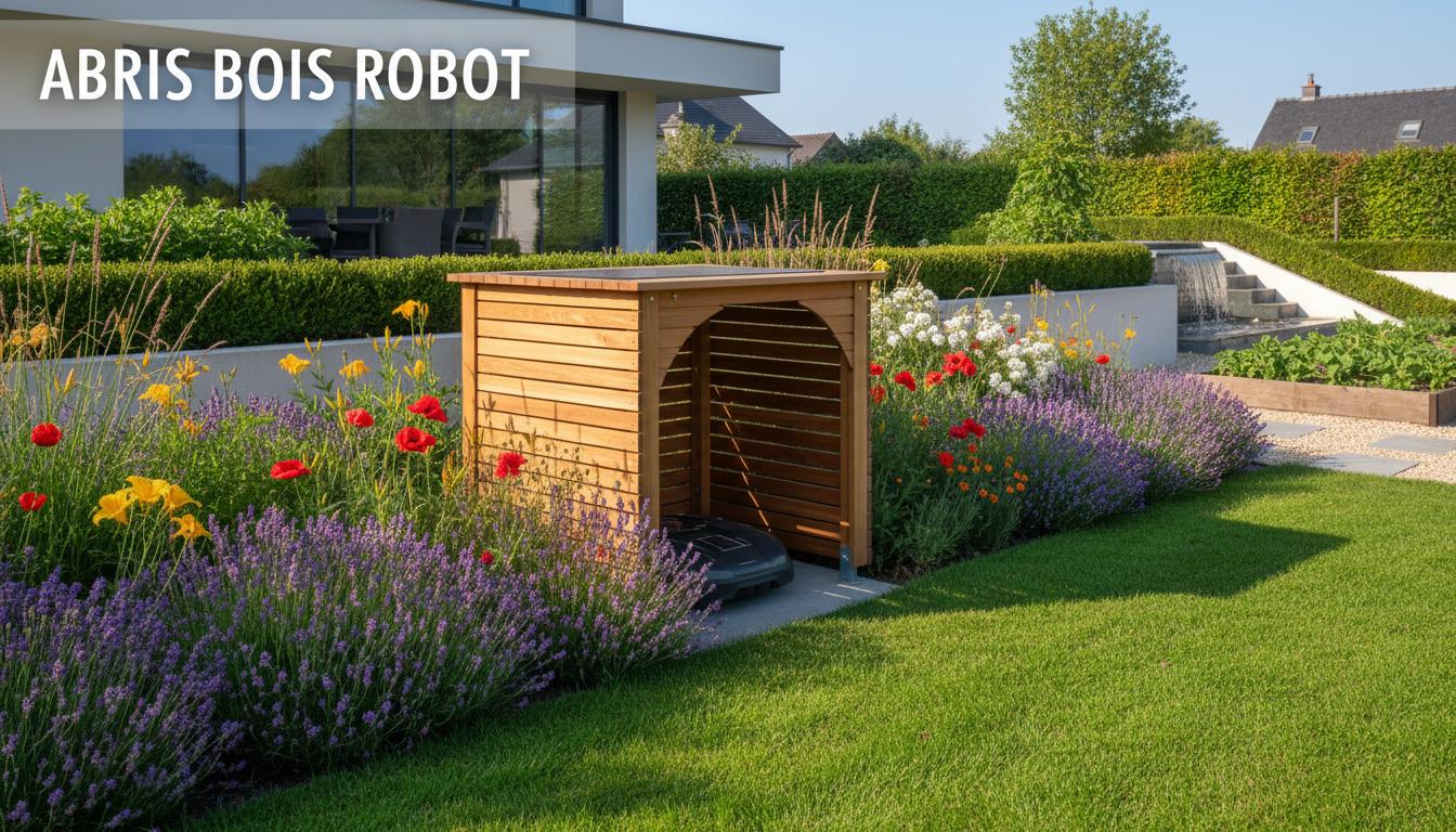 Abri minimaliste en bois de cèdre pour robot tondeuse au cœur d'un jardin paysager ensoleillé avec le texte Abris Bois Robot.