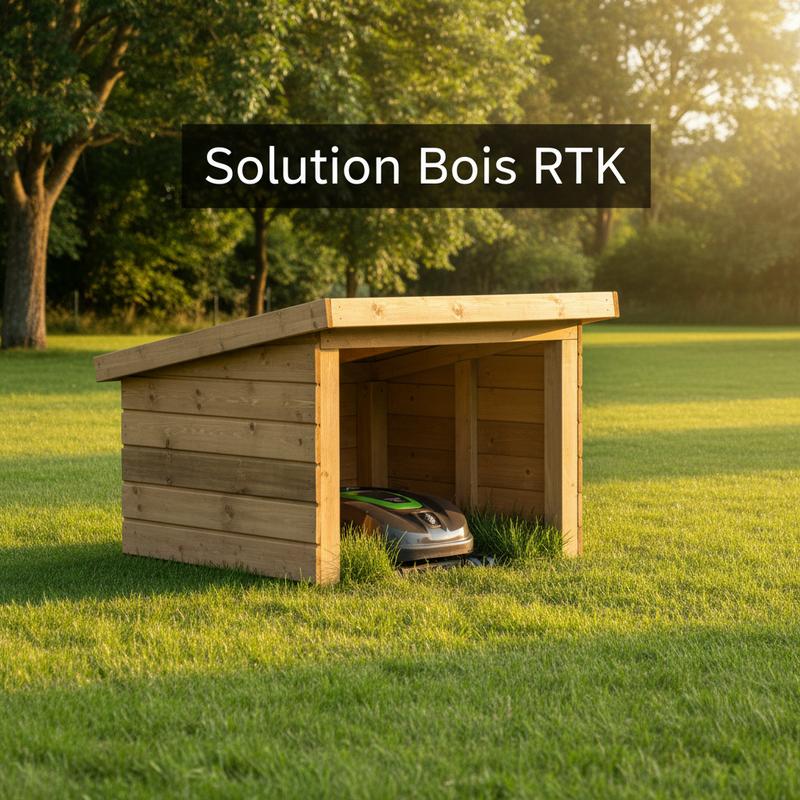Un robot tondeuse repose sous un abri ouvert en pin autoclave sur une pelouse ensoleillée à travers les arbres avec le texte Solution Bois RTK.