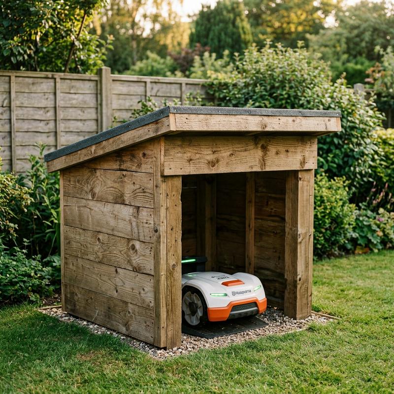 Abri en bois massif rustique protégeant un robot tondeuse STIHL iMOW blanc et orange stationné dans un jardin au crépuscule.