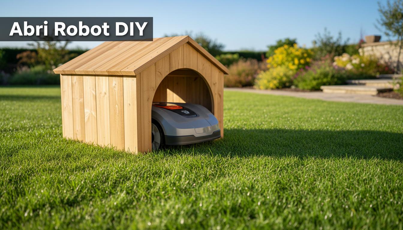 Petit abri artisanal en bois pour robot tondeuse sur une pelouse ensoleillée avec le texte superposé Abri Robot DIY.