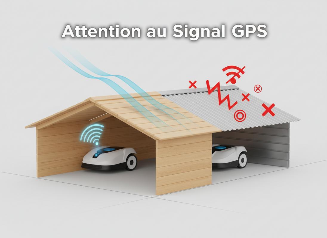 Abri bois laissant passer le signal vers un robot tondeuse face à un toit métal bloquant les ondes, avec l'inscription Attention au Signal GPS.