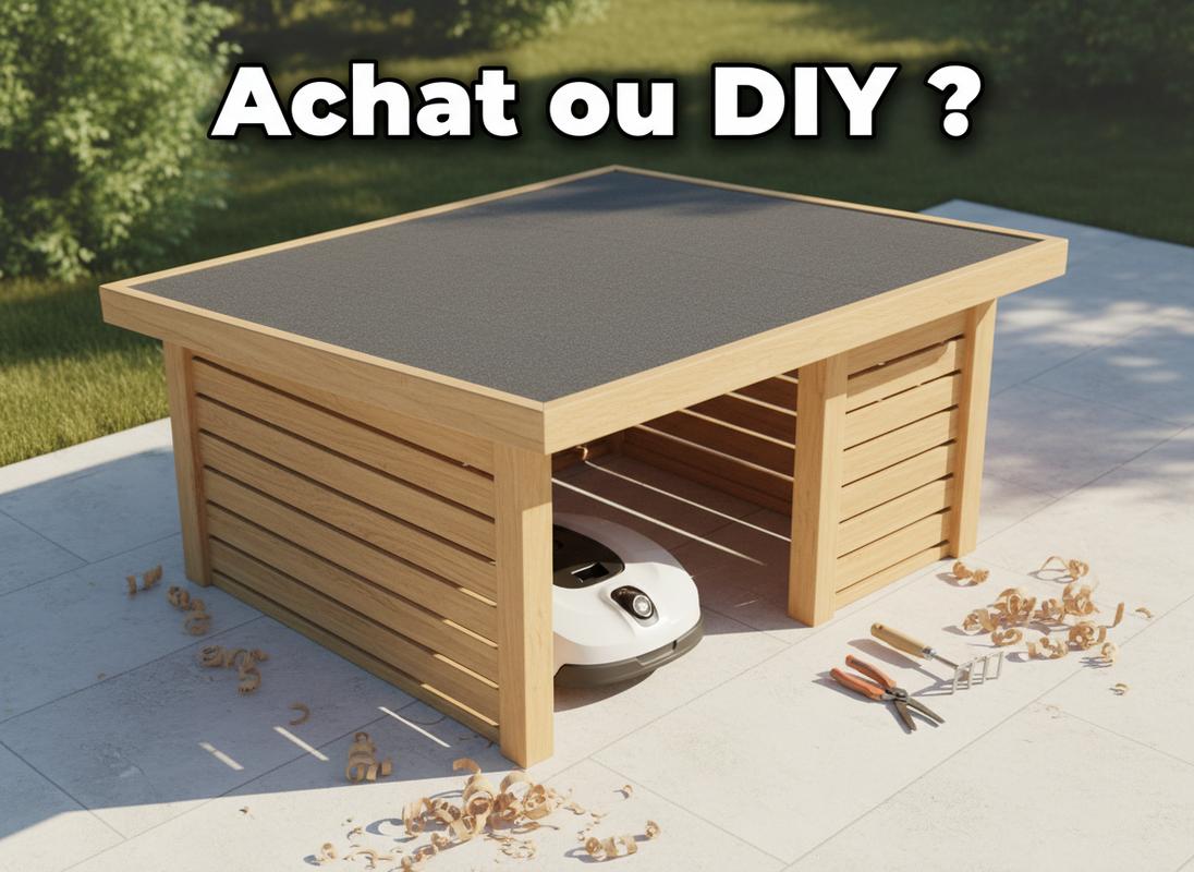 Abri en bois pour tondeuse robot illustrant le choix entre achat et fabrication maison.