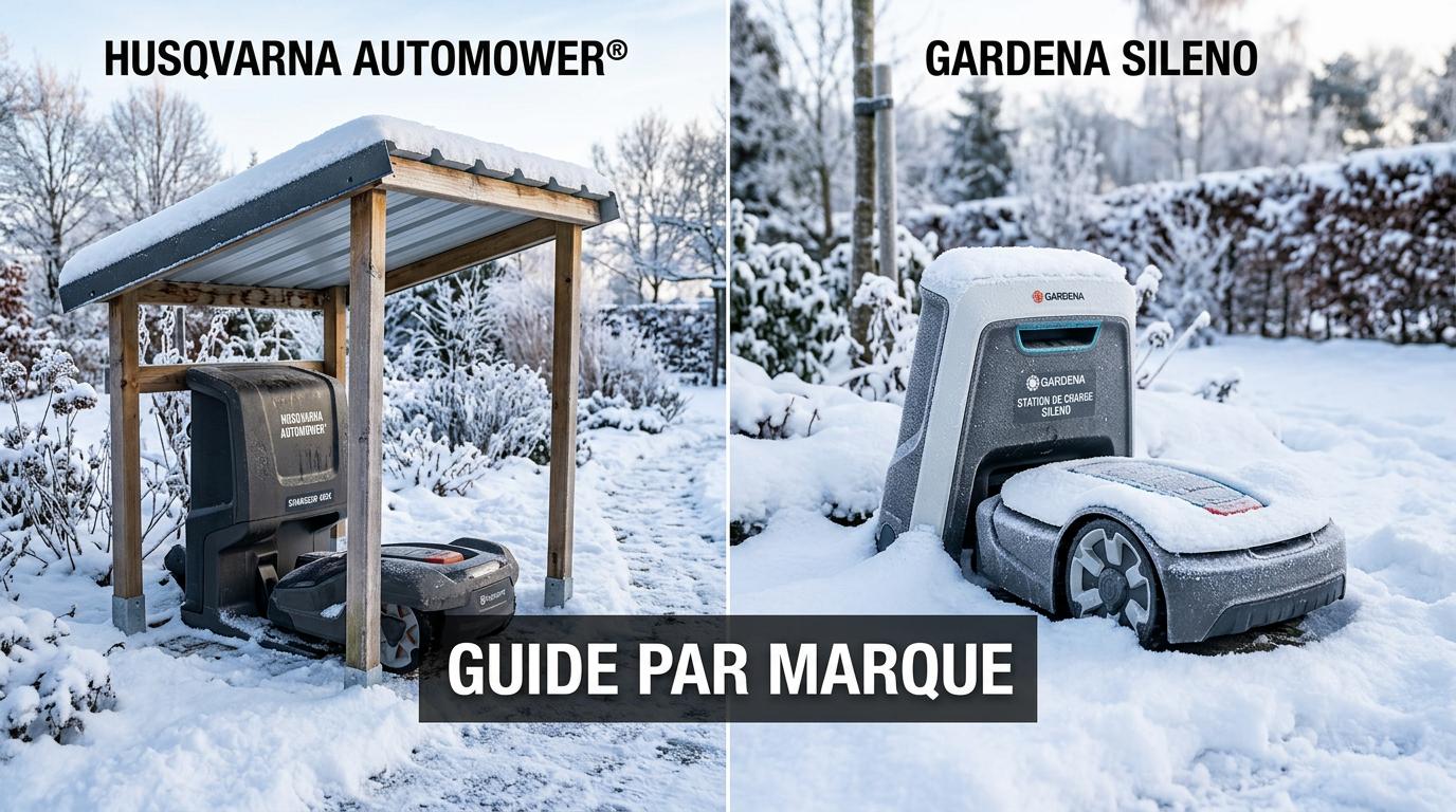 Un montage comparatif présente une station de charge Husqvarna sous un abri d'hiver et une station Gardena dans un décor enneigé avec le texte Guide par marque.