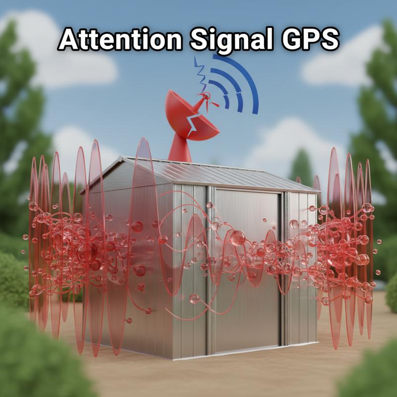 Un abri de jardin métallique réfléchit des ondes rouges symbolisant un signal GPS bloqué avec le texte Attention Signal GPS sur un fond flou.