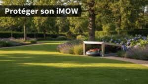 Robot tondeuse Stihl iMOW regagnant son abri sur une pelouse soignée par un après-midi ensoleillé avec le texte superposé Protéger son iMOW.