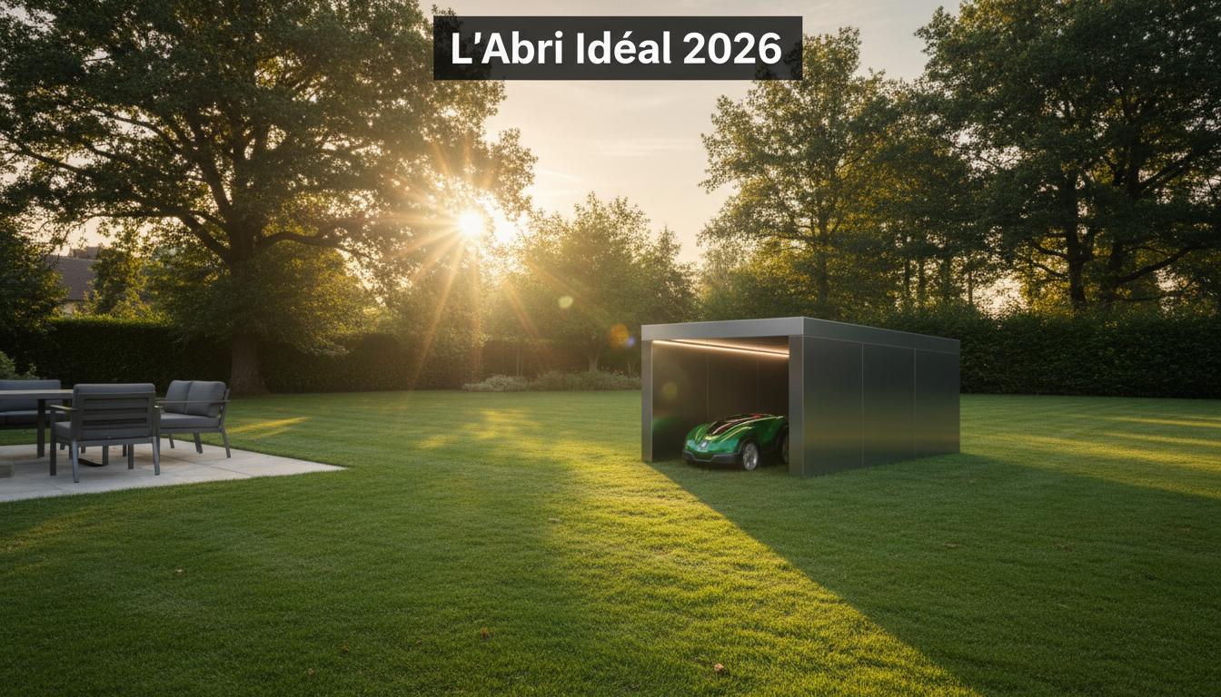 Un robot tondeuse premium rejoint son abri moderne en aluminium sur une pelouse impeccable au soleil couchant sous le texte promotionnel L'Abri Idéal 2026.