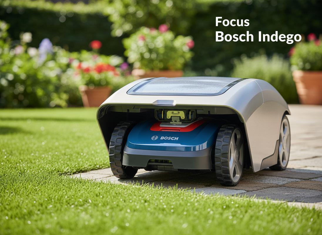 Robot tondeuse Bosch Indego en charge dans son abri de protection avec les broches de connexion alignées et le texte Focus Bosch Indego en superposition.