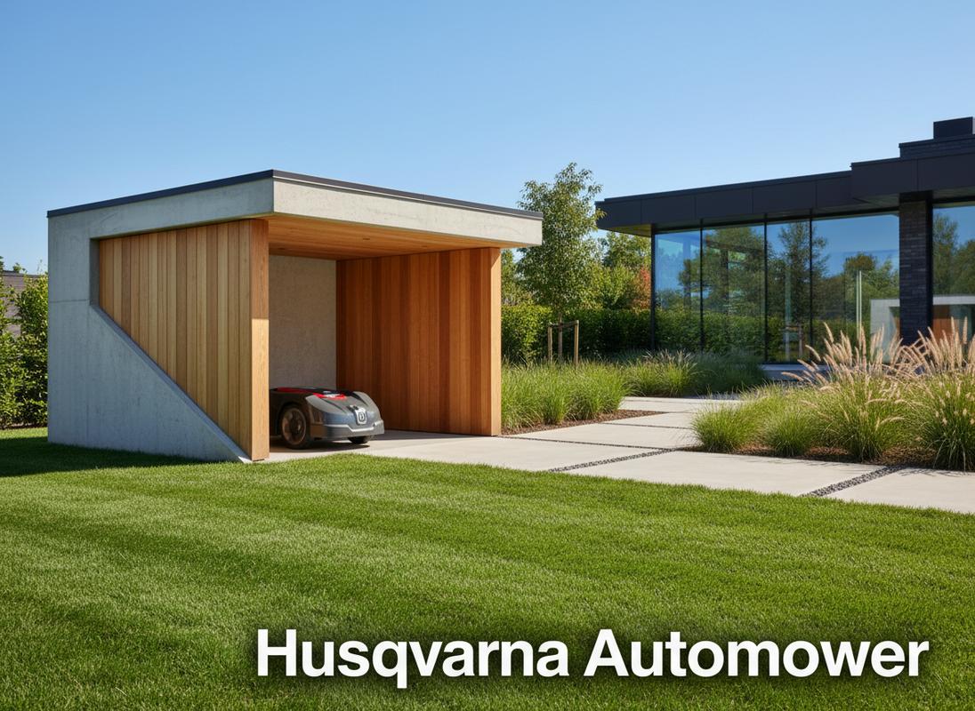 Robot tondeuse Husqvarna Automower gris foncé stationné sous un abri minimaliste ouvert sur une pelouse parfaitement tondue.