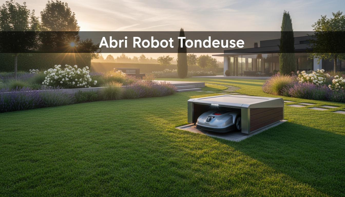 Robot tondeuse moderne rejoignant son abri design sur une pelouse verte au lever du soleil avec texte Abri Robot Tondeuse en surimpression.