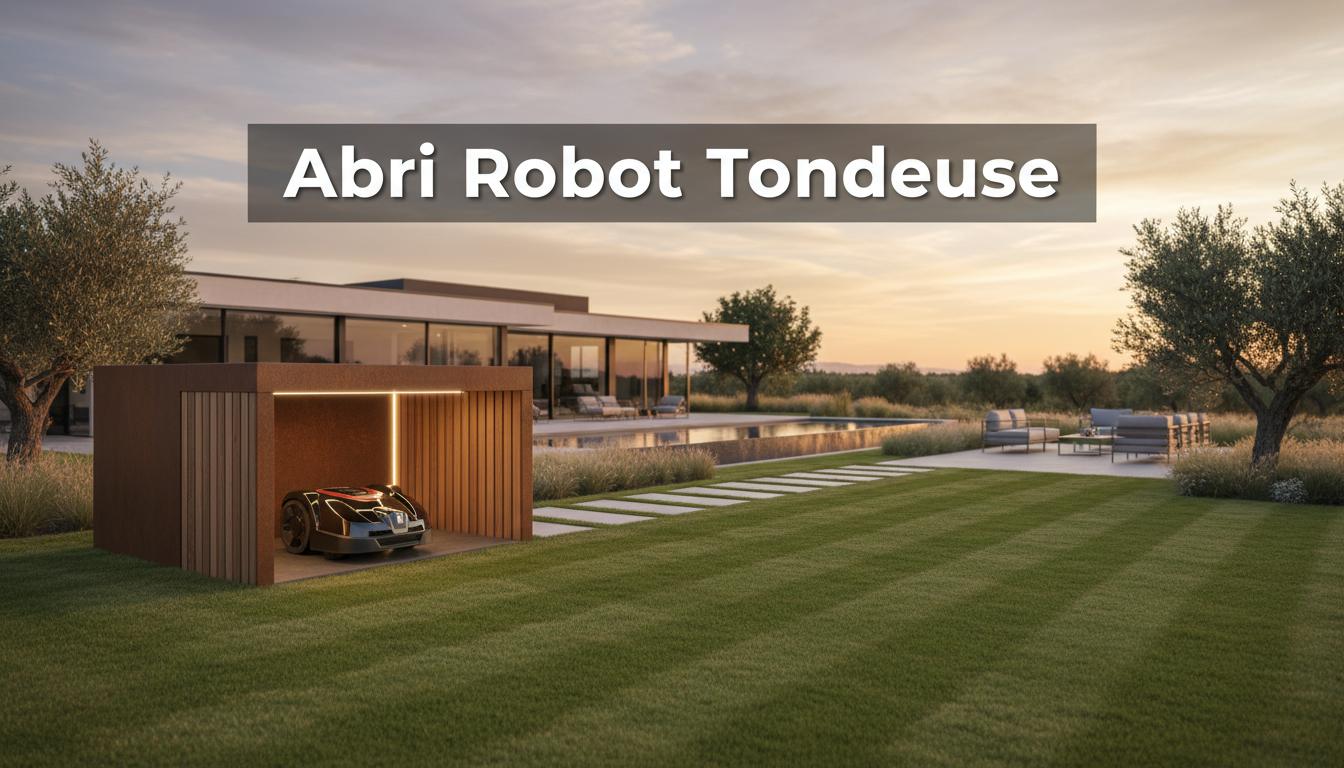 Un robot tondeuse haut de gamme rejoint son abri contemporain sur une pelouse soignée au coucher du soleil avec l'inscription Abri Robot Tondeuse.