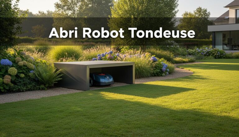 Un robot tondeuse repose sous un abri en métal gris anthracite dans un jardin verdoyant sous le soleil du matin avec l'inscription Abri Robot Tondeuse.