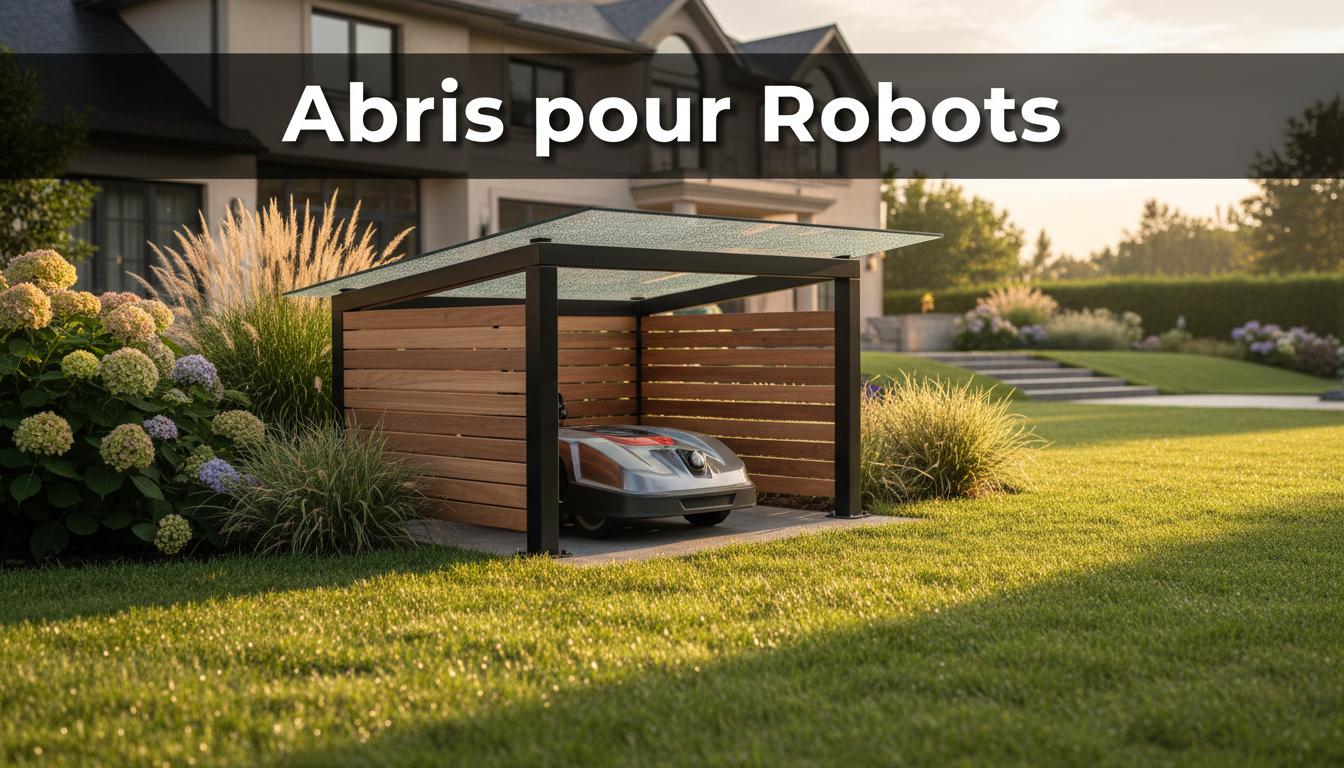 Robot tondeuse moderne stationné dans son abri en bois et métal au milieu d'un jardin verdoyant, texte 'Abris pour Robots' en surimpression.