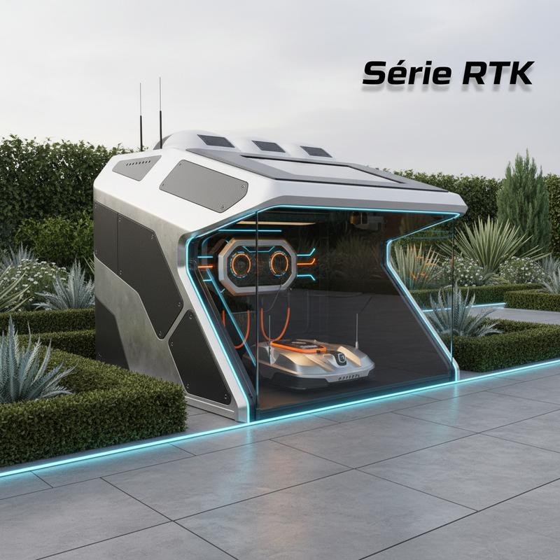 Abri technologique noir mat pour robot tondeuse guidé par antenne sur un patio en pierre avec inscription Série RTK.