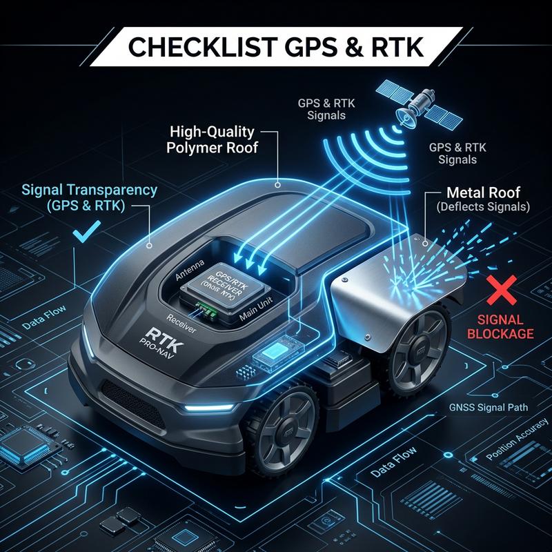 Des ondes lumineuses bleues traversent le matériau polymère d'un toit d'abri pour robot tondeuse sous un bandeau textuel blanc Checklist GPS et RTK.