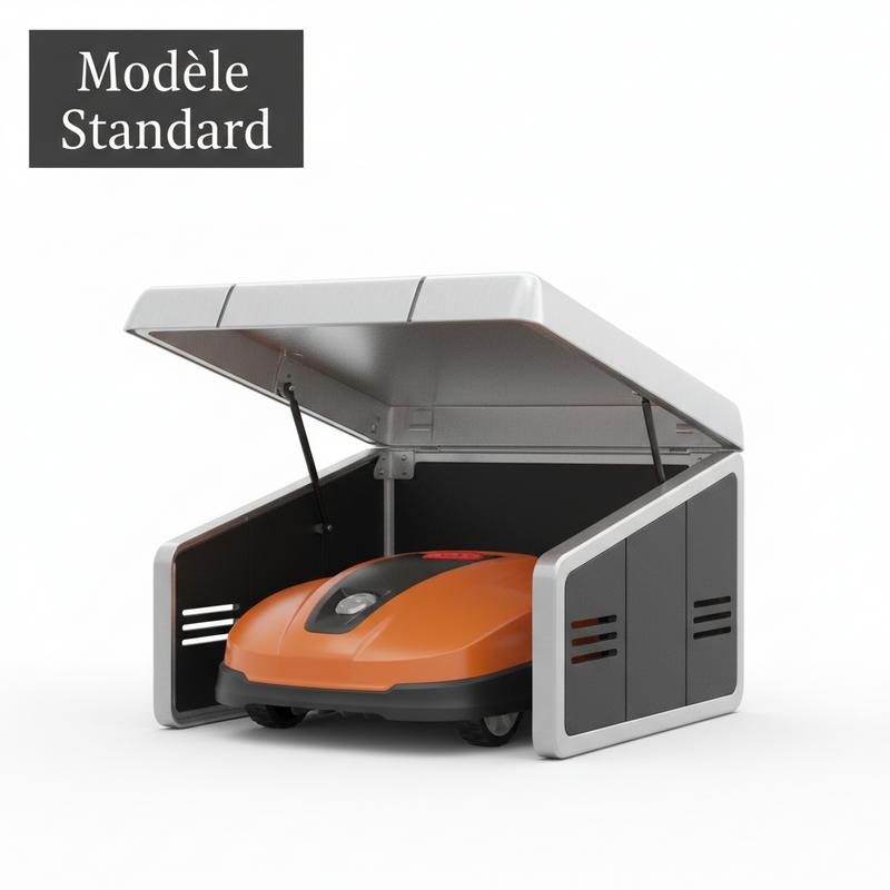 Abri pour robot tondeuse Worx WA0194 argent et noir avec toit entrouvert révélant un robot orange, marqué Modèle Standard.