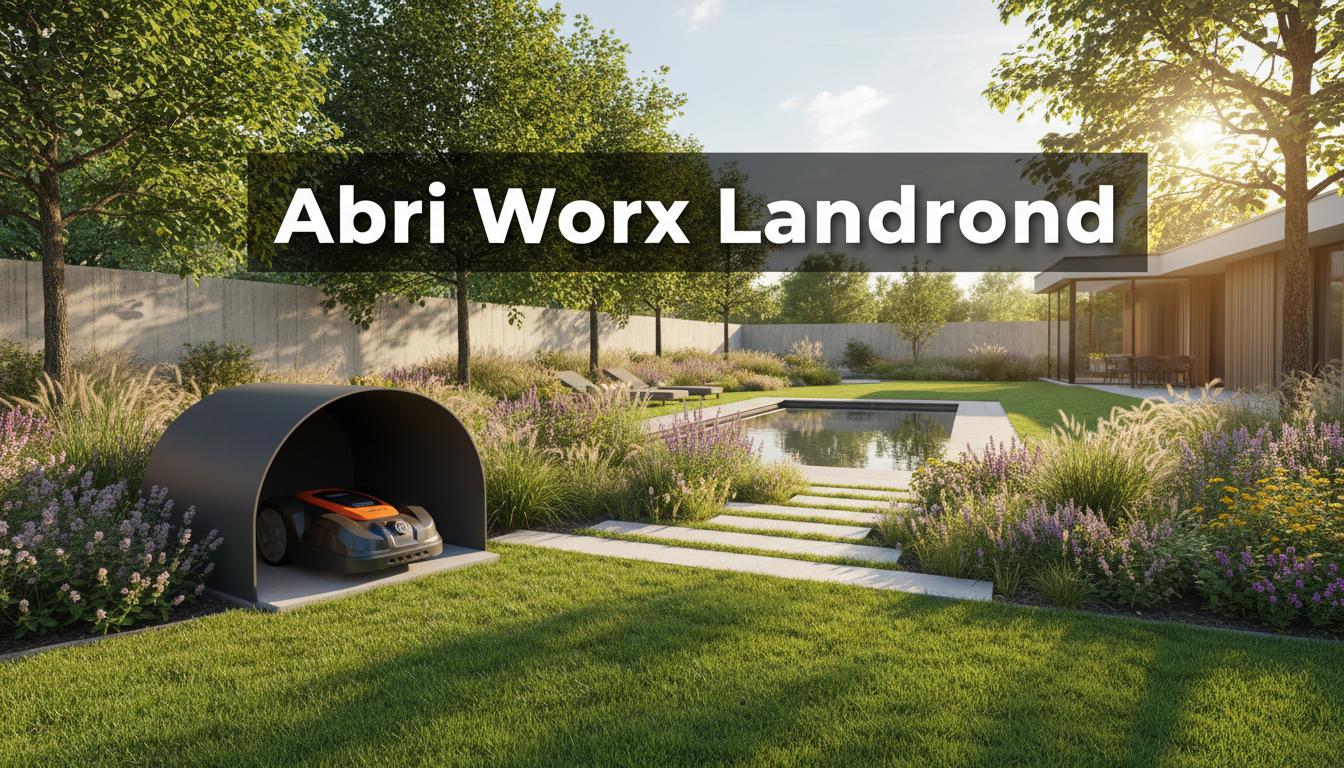 Robot tondeuse Worx Landroid orange et noir stationné dans un abri gris anthracite sur une pelouse parfaitement tondue dans un jardin ensoleillé.