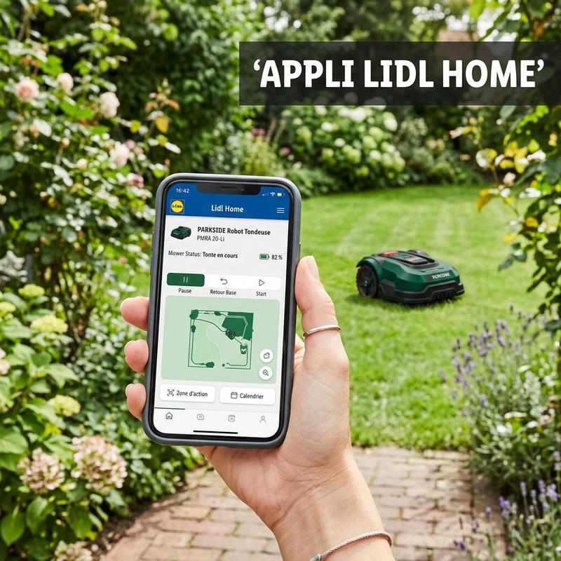 Main tenant un smartphone avec l'interface Lidl Home devant un robot tondeuse Parkside vert sur une pelouse avec l'inscription APPLI LIDL HOME.