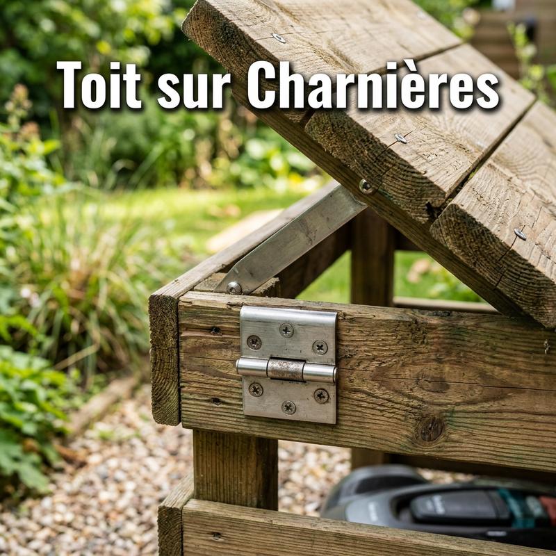 Charnières en acier inoxydable fixées sur le toit en bois autoclave d'un abri pour robot tondeuse entrouvert avec l'inscription Toit sur Charnières.