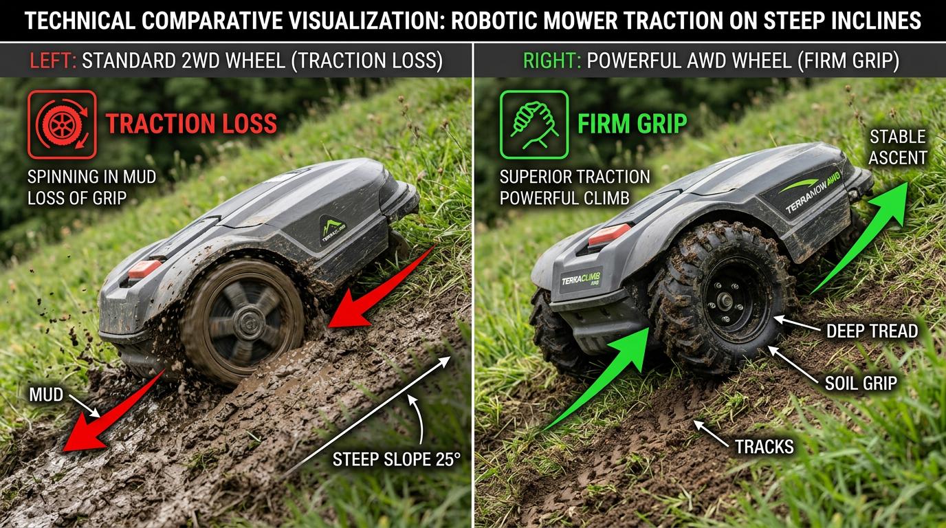 Comparaison entre une roue de tondeuse robot standard patinant dans la boue et une roue AWD avec crampons profonds agrippant une pente herbeuse.