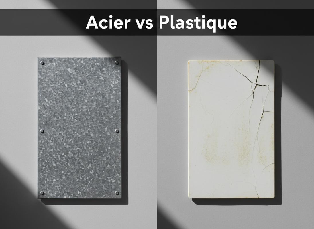 Gros plan comparatif entre la texture mouchetée de l'acier galvanisé et du plastique décoloré par les UV avec le texte Acier vs Plastique en superposition.