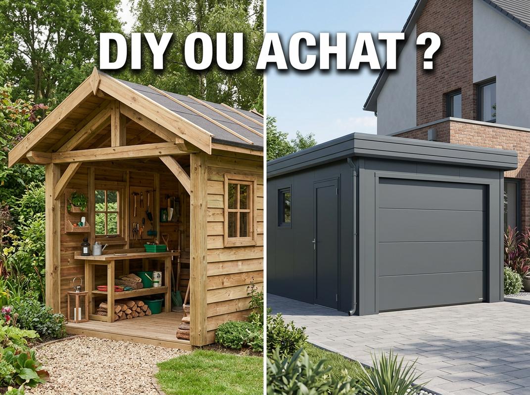Écran divisant un abri de jardin en bois artisanal et un garage PVC gris anthracite avec texte DIY ou Achat.