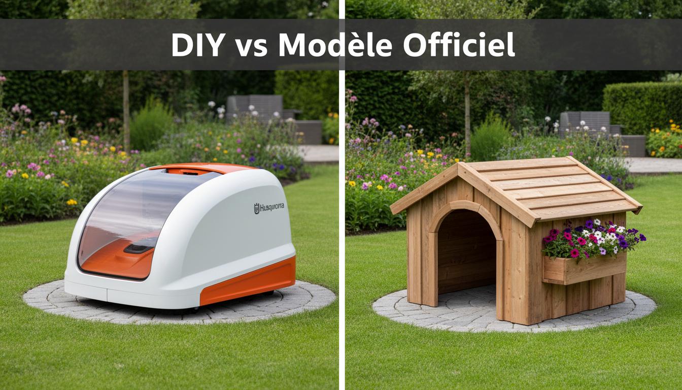 Un abri officiel Husqvarna Automower en plastique gris côtoie un garage en bois artisanal dans un jardin, avec l'inscription DIY vs Modèle Officiel.
