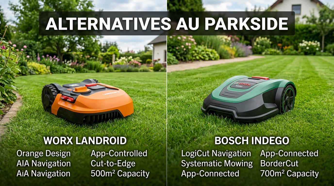 Robot tondeuse Worx Landroid orange et Bosch Indego vert côte à côte sur une pelouse avec le texte Alternatives au Parkside en surimpression.