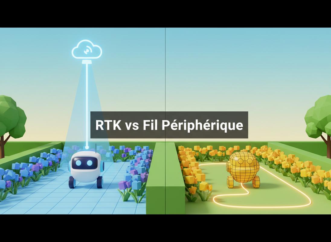 Jardin scindé présentant un robot tondeuse sous un signal satellite bleu et un fil de délimitation autour de fleurs avec le texte RTK vs Fil Périphérique.