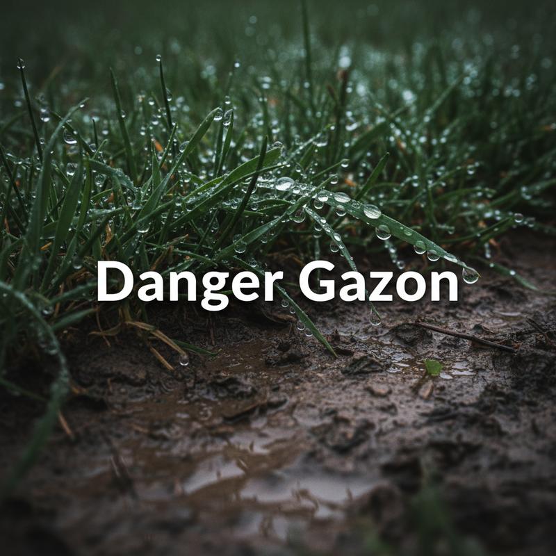 Brins d'herbe écrasés et mouillés couverts de grosses gouttes de pluie sur un sol boueux compacté avec le texte Danger Gazon en surimpression.