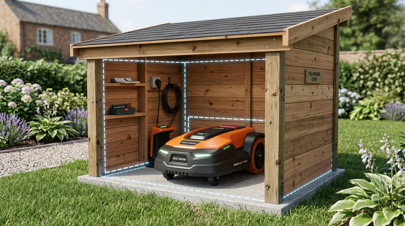 Robot tondeuse orange et noir stationné dans un abri en bois avec une ligne pointillée lumineuse délimitant les zones de dégagement et les dimensions.
