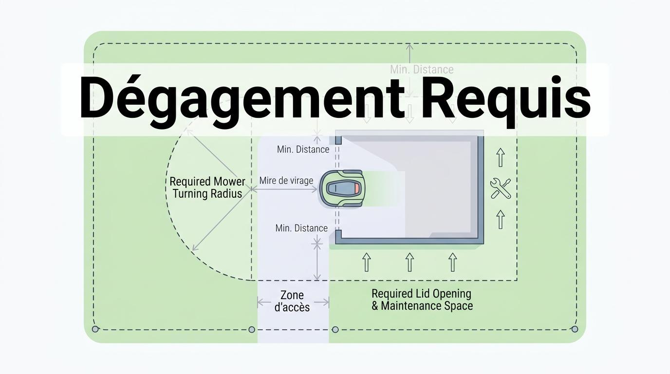 Vue technique de dessus des zones de dégagement d'un garage pour robot tondeuse avec les repères de pivotement et l'inscription Dégagement Requis.