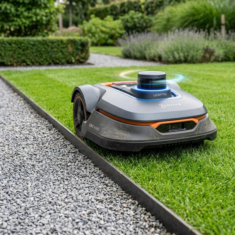 Robot tondeuse Ecovacs GOAT A1600 LiDAR Pro coupant l'herbe avec précision le long d'une bordure de gravier blanc.