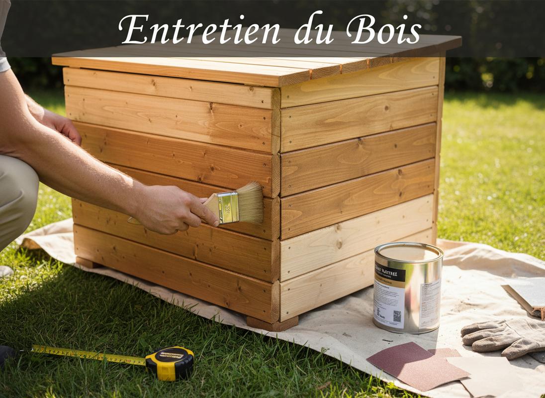 Une personne applique au pinceau une lasure protectrice sur un abri de tondeuse en bois brut, avec le texte superposé Entretien du Bois.