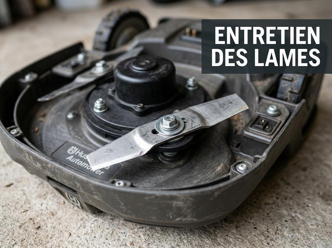 Vue rapprochée du dessous d'un robot tondeuse montrant les lames pivotantes en acier inoxydable avec un texte en surimpression indiquant Entretien des Lames.
