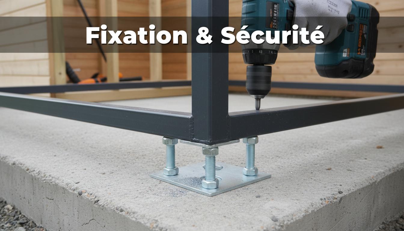 Une personne utilise une perceuse pour visser des boulons de fixation dans le socle en béton d'un abri de tondeuse avec le texte Fixation & Sécurité.