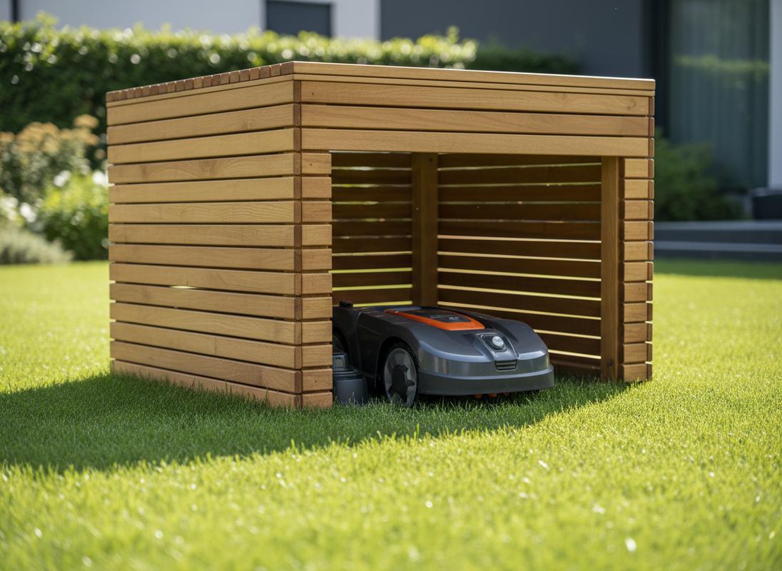 Abri de jardin moderne en bois de forme cubique protégeant un robot tondeuse Husqvarna Automower gris et orange sur une pelouse parfaitement tondue.