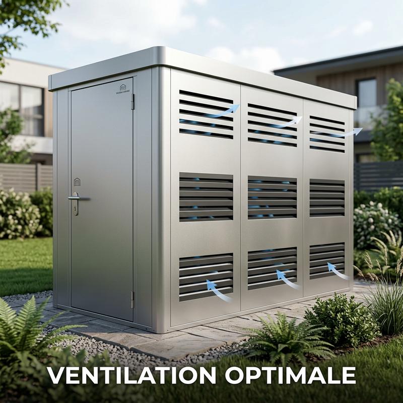 Abri monobloc pour robot tondeuse en métal argenté mat avec des fentes de ventilation latérales et l'inscription Ventilation Optimale.