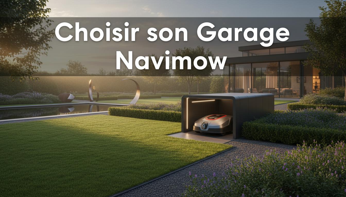 Robot tondeuse Navimow stationné dans son abri de protection gris sur une pelouse au lever du soleil avec le texte Choisir son Garage Navimow.