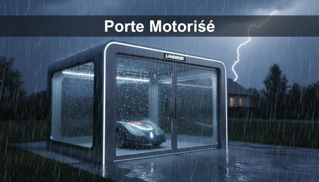 Garage high-tech Worx Landroid fermant sa porte motorisée sous une pluie intense avec le texte Porte Motorisée affiché en blanc.