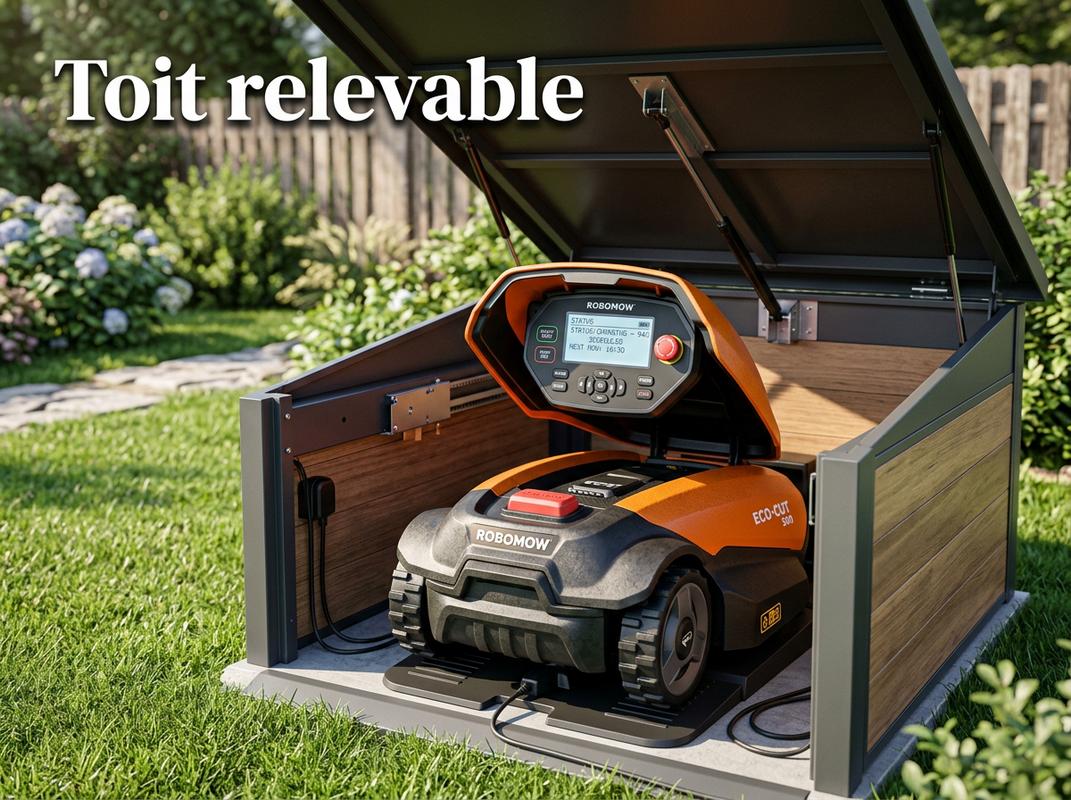 Robot tondeuse orange et noir stationné dans un garage Worx Landroid WA0825 au toit ouvert révélant le panneau de contrôle.