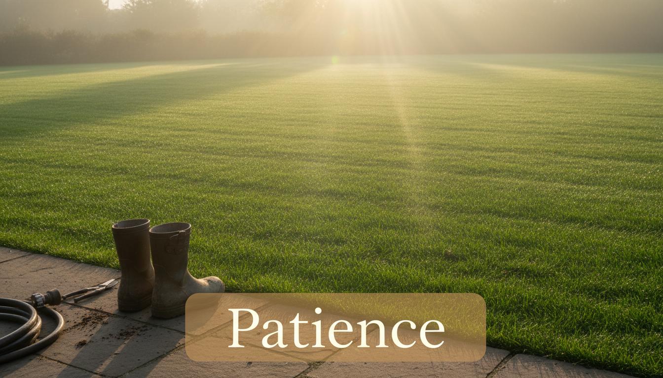 Pelouse verdoyante couverte de rosée sous une lumière matinale dorée avec des bottes de jardinage posées sur une terrasse et inscription Patience.