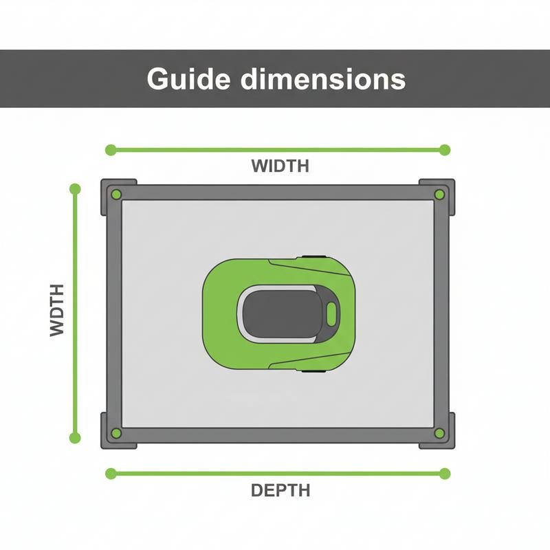 Illustration minimaliste en vue de dessus d'un abri pour robot tondeuse avec flèches de mesure de largeur et profondeur, incluant un bandeau Guide dimensions.