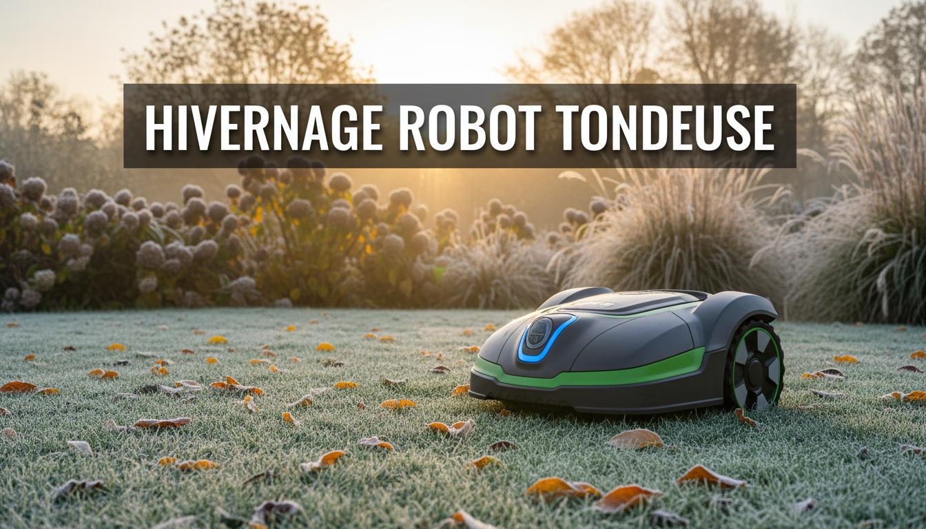 Un robot tondeuse moderne est posé sur une pelouse recouverte de givre et de feuilles d'automne sous un soleil matinal avec le texte HIVERNAGE ROBOT TONDEUSE.