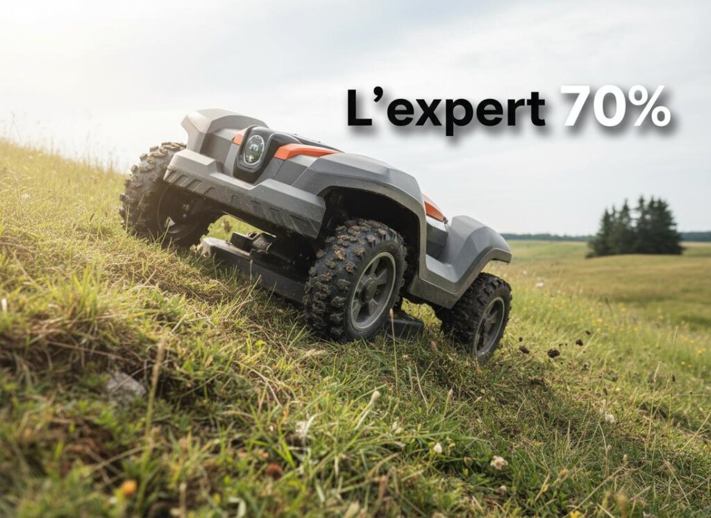 Tondeuse robot articulée Husqvarna Automower 435X AWD gravissant une pente herbeuse raide, avec le texte L'expert 70% en surimpression.