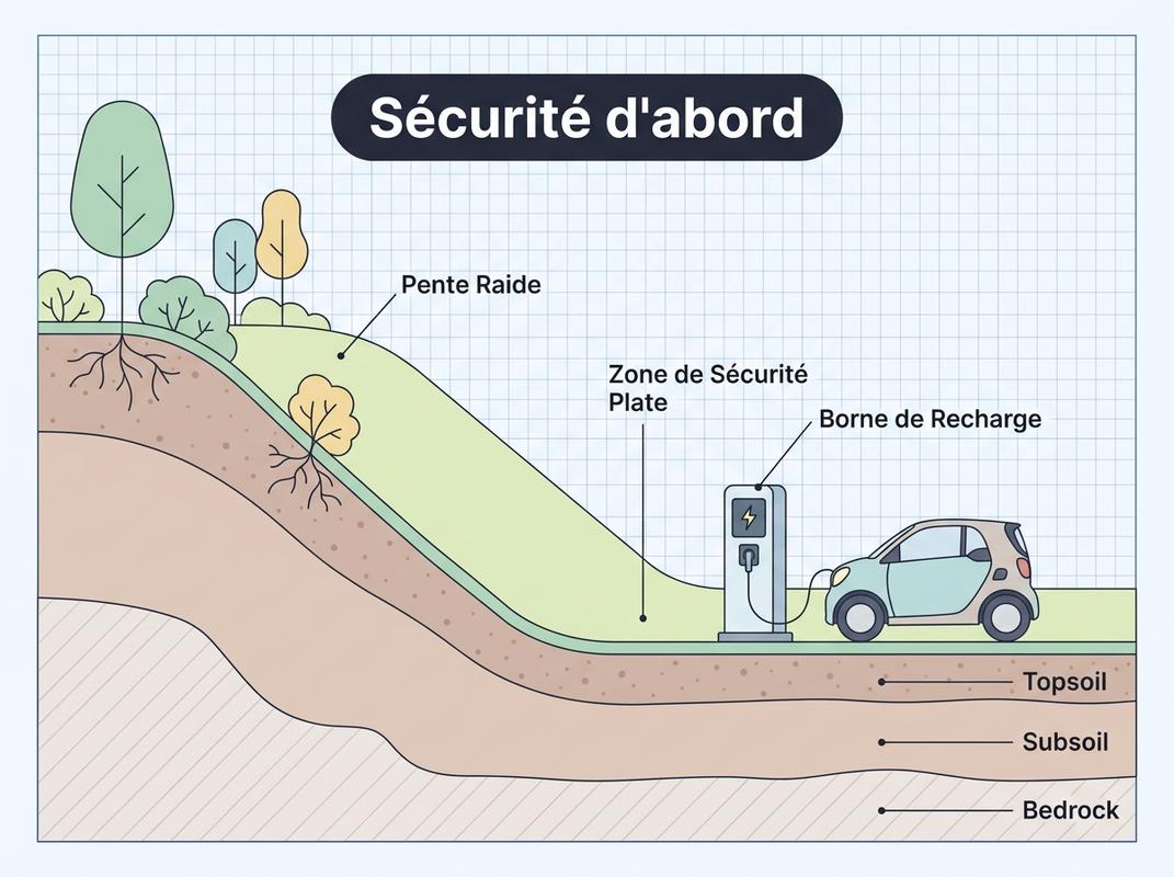 Coupe transversale d'un jardin illustrant une pente raide aboutissant à une zone plane de sécurité avec une station de charge.