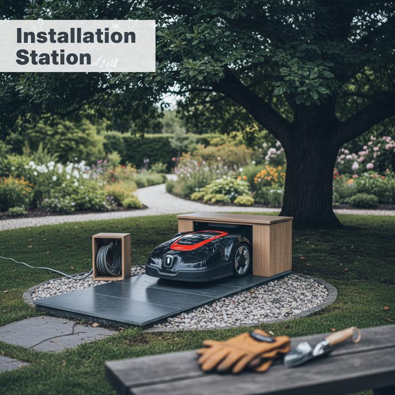 Station de charge pour robot tondeuse installée dans un espace ombragé d'un jardin avec l'inscription textuelle Installation Station en surimpression.
