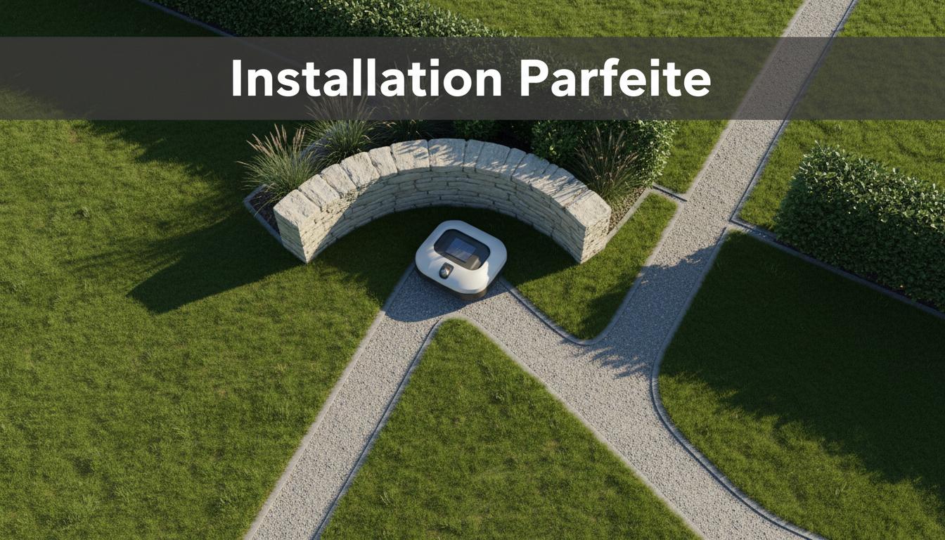 Vue aérienne d'une station de charge de robot tondeuse sur un sol plat protégée par un muret, avec le texte superposé Installation Parfaite.